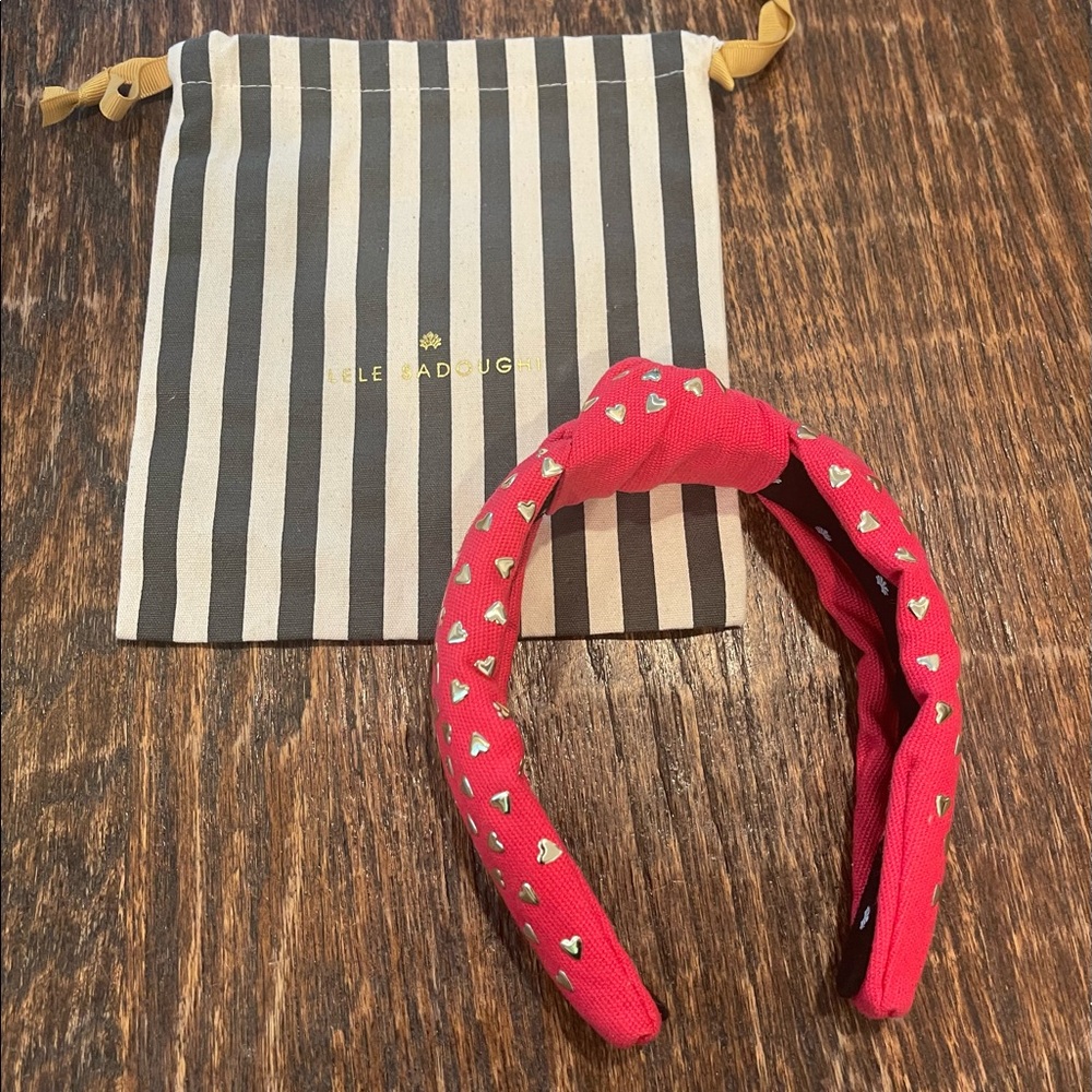 Lele Sadoughi red headband with gold hearts